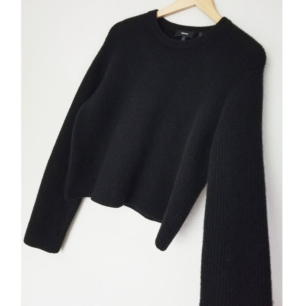 Theory Boxy Long Sleeves Felted Wool Cashmere Rib Sweater in Black Size L $425 - Picture 11 of 16